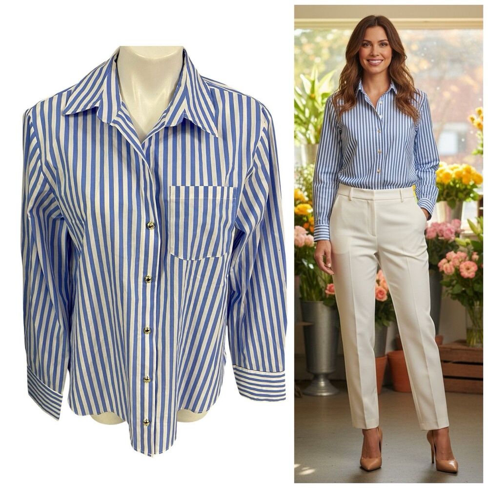 Emerson Lane Shirt Womens Large Button Up Blue Stripe Cotton Preppy Coastal